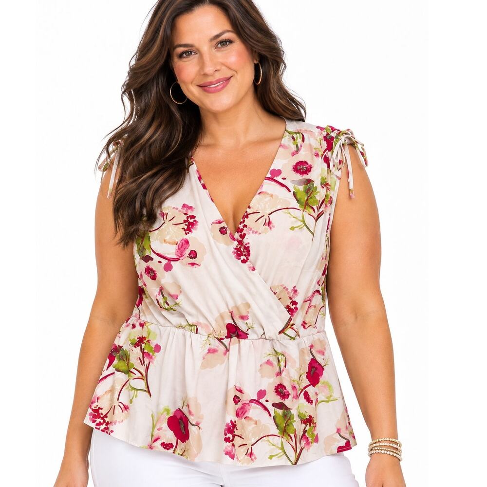 Lane Bryant Faux Wrap Tank Womens Size 22/24 White Floral Sleeveless Top 3X